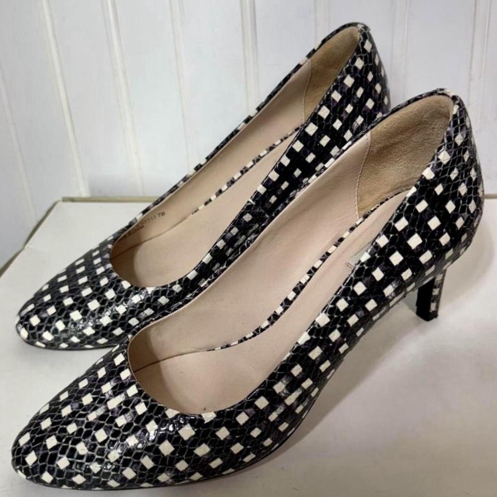 Cole Haan Grand OS Checkerboard Snake Print Pumps Heels 7B Black White Leather